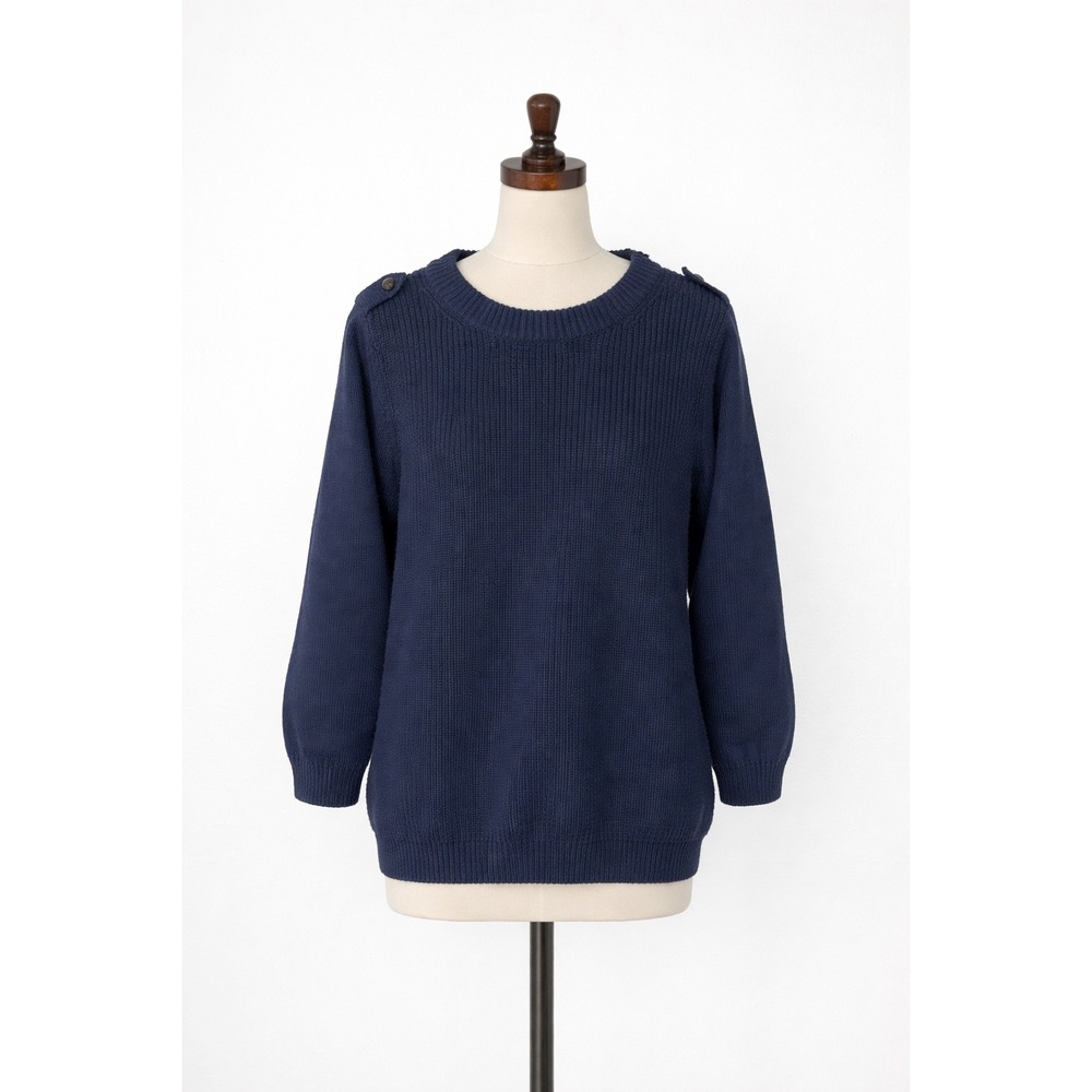 J.Crew Navy Merino‎ Wool Crew Neck Sweater Button Shoulder Detail Size XS